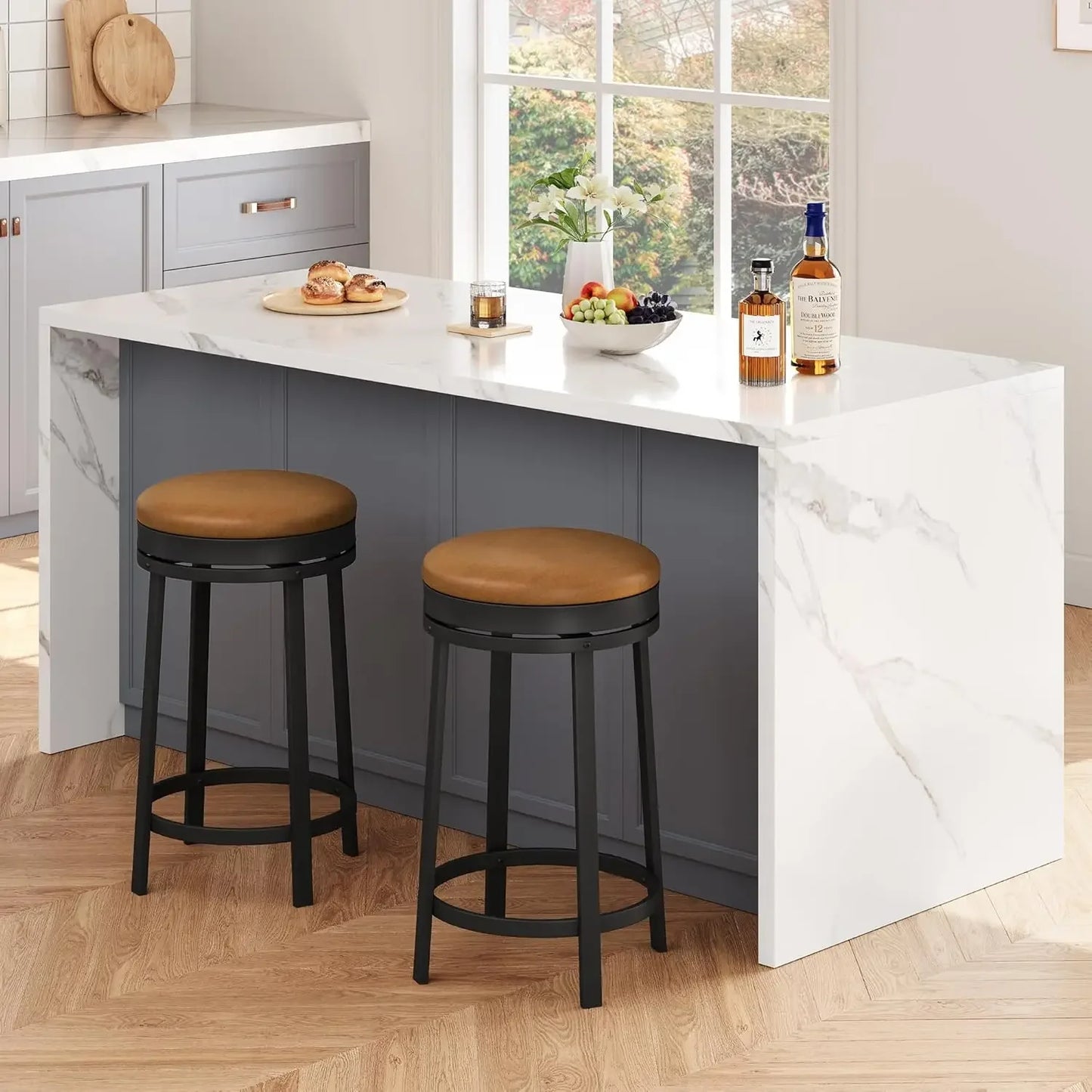 Swivel Bar Stools Set Of 2 With Footrest PU Leather