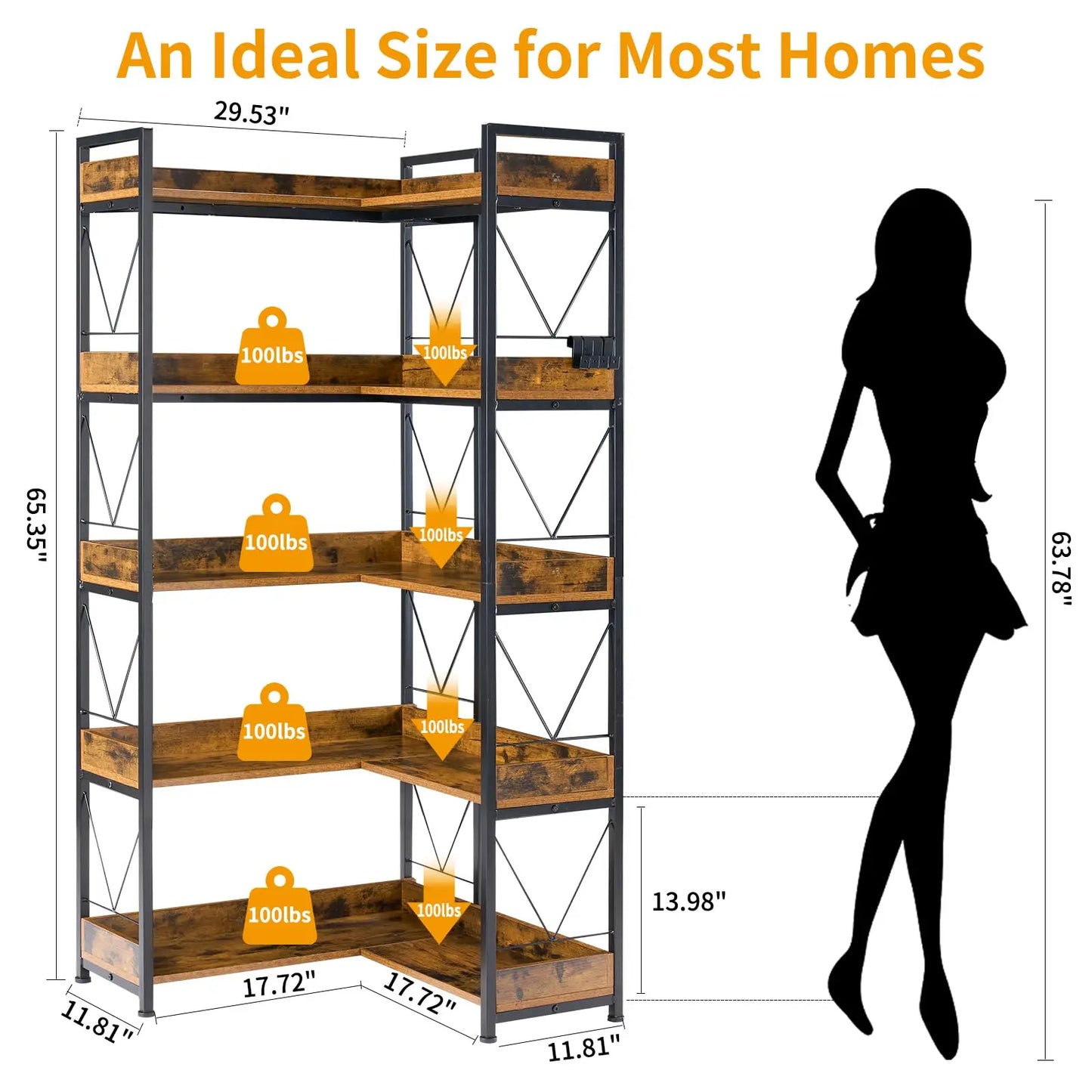JHK 5 Tier L Shaped Corner Bookshelf With Hooks Wooden