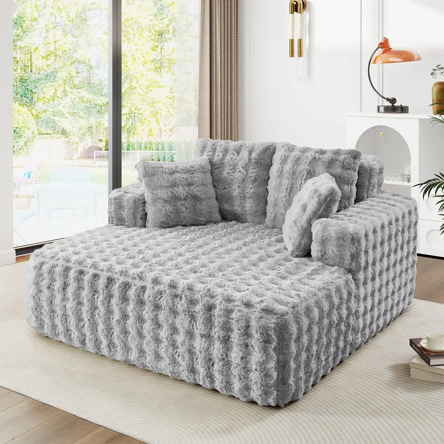JEEOHEY Plush Faux Fur Chaise Lounge Chair Sleeper Sofa Bed With Pillows