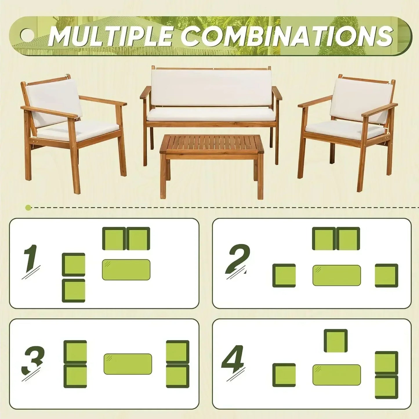 Acacia Wood Outdoor Patio 4 Piece Conversation Sofa Set With Table