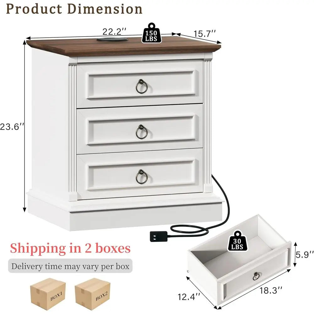Farmhouse Nightstand Set of 2 With Wireless Charging Station