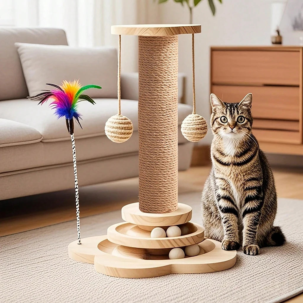 Wooden Cat Scratcher Activity Center With Ball Track and Feather Toy