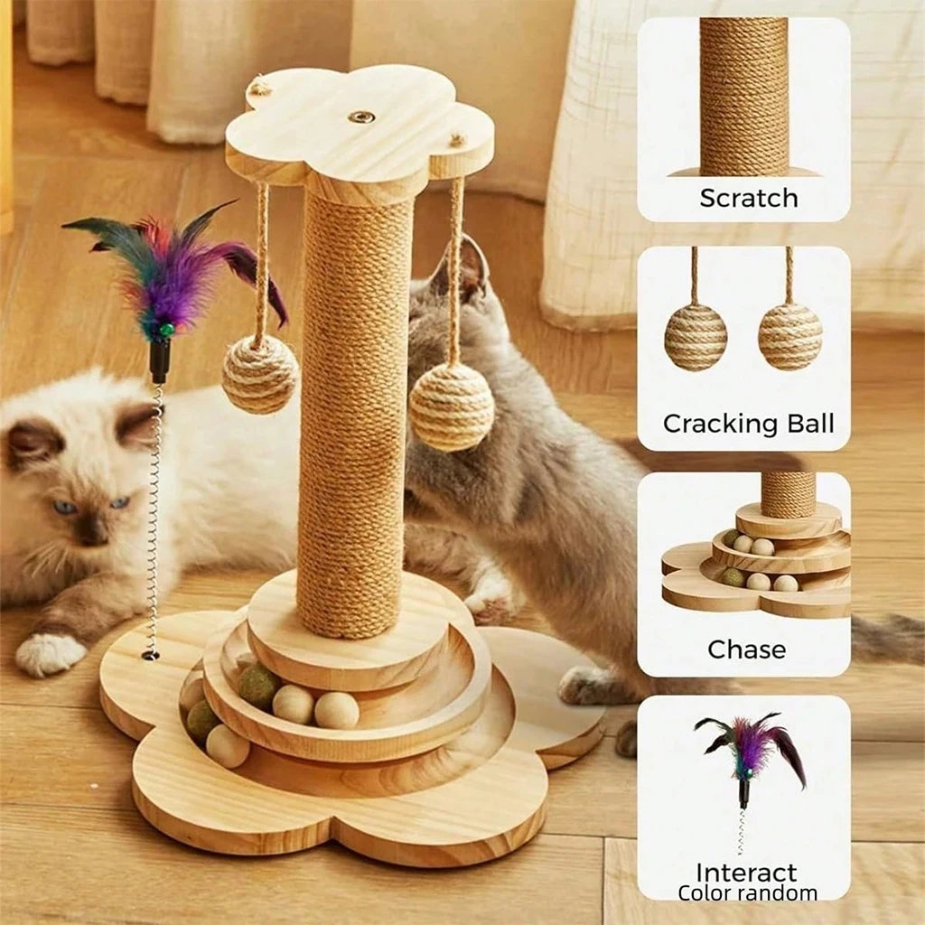Wooden Cat Scratcher Activity Center With Ball Track and Feather Toy