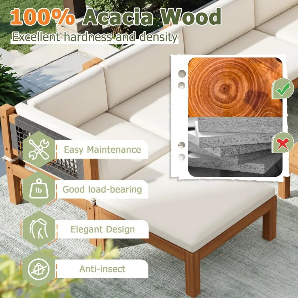 Acacia Wood Outdoor 7 Piece Patio Sofa Set With Table
