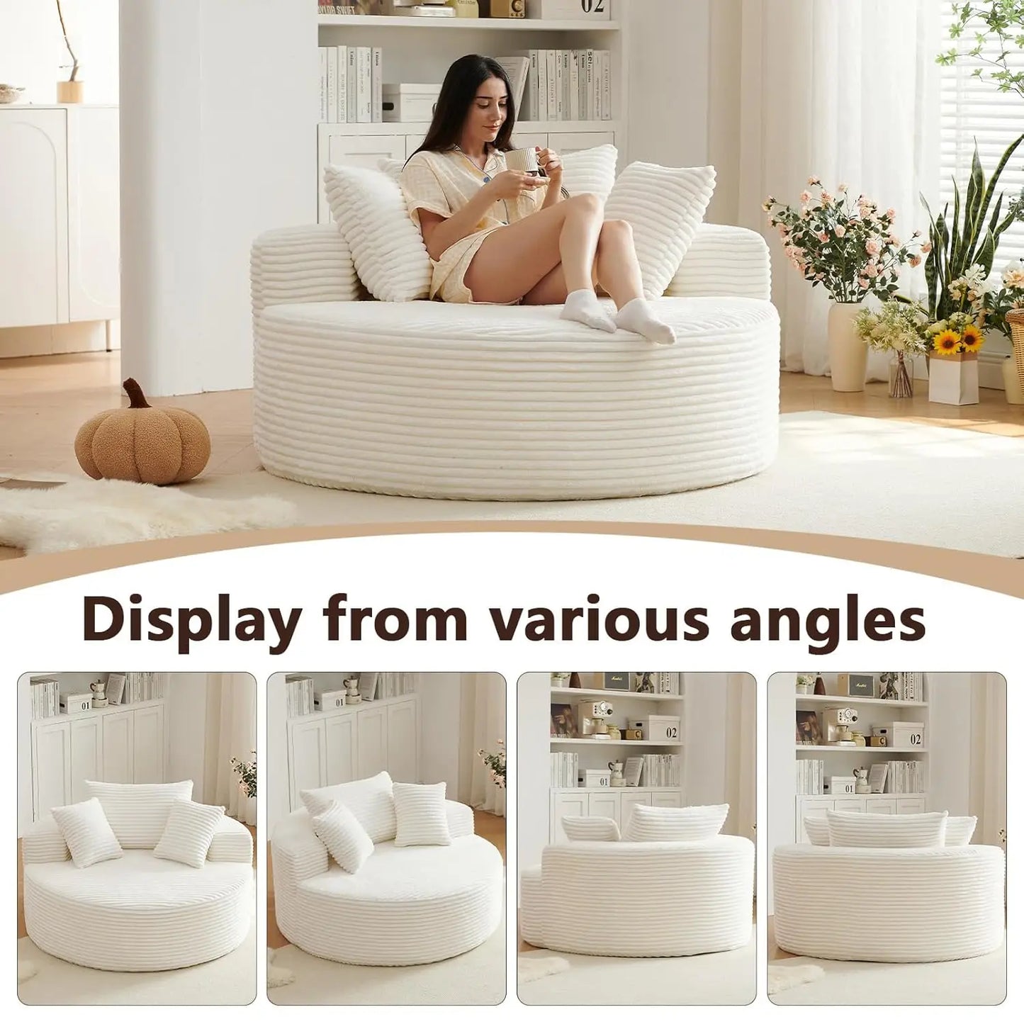 Indoor Plush Corduroy Round Chaise Lounge Chair Modern Style