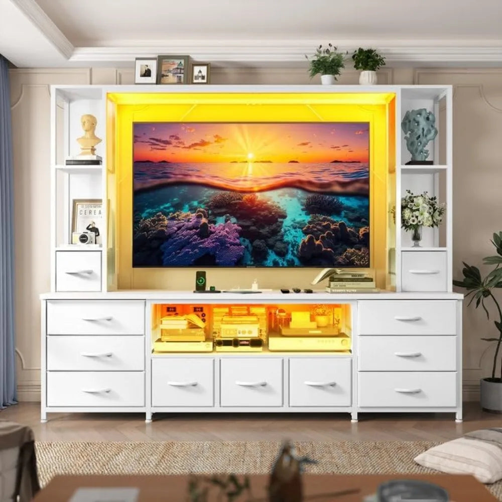 TV Stand With LED Lights And Power Outlets Fabric Drawers
