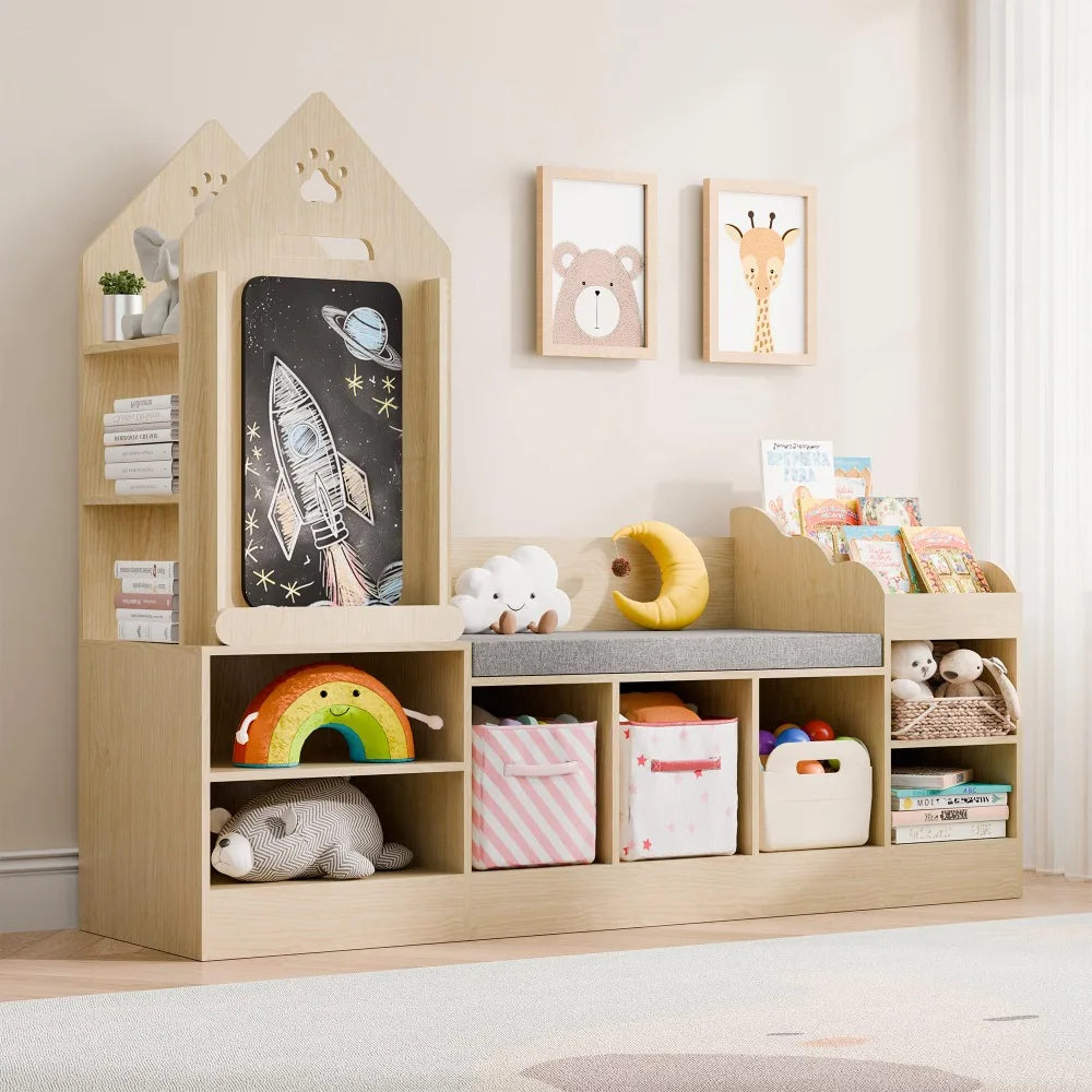 Natural Oak Kids Bookshelf And Reading Nook With Chalkboard Bench