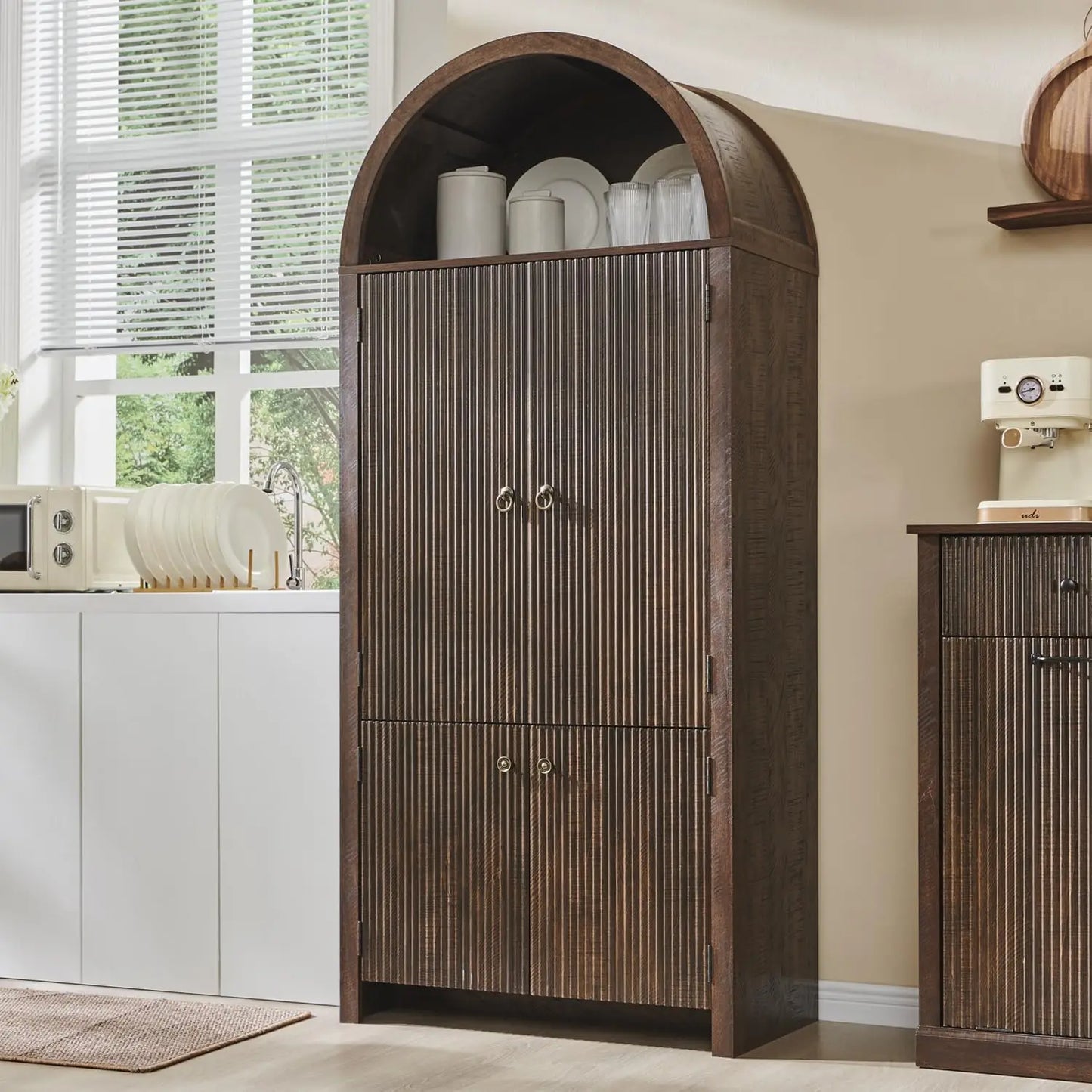 Arched Kitchen Pantry Cabinet With Doors And Adjustable Shelves