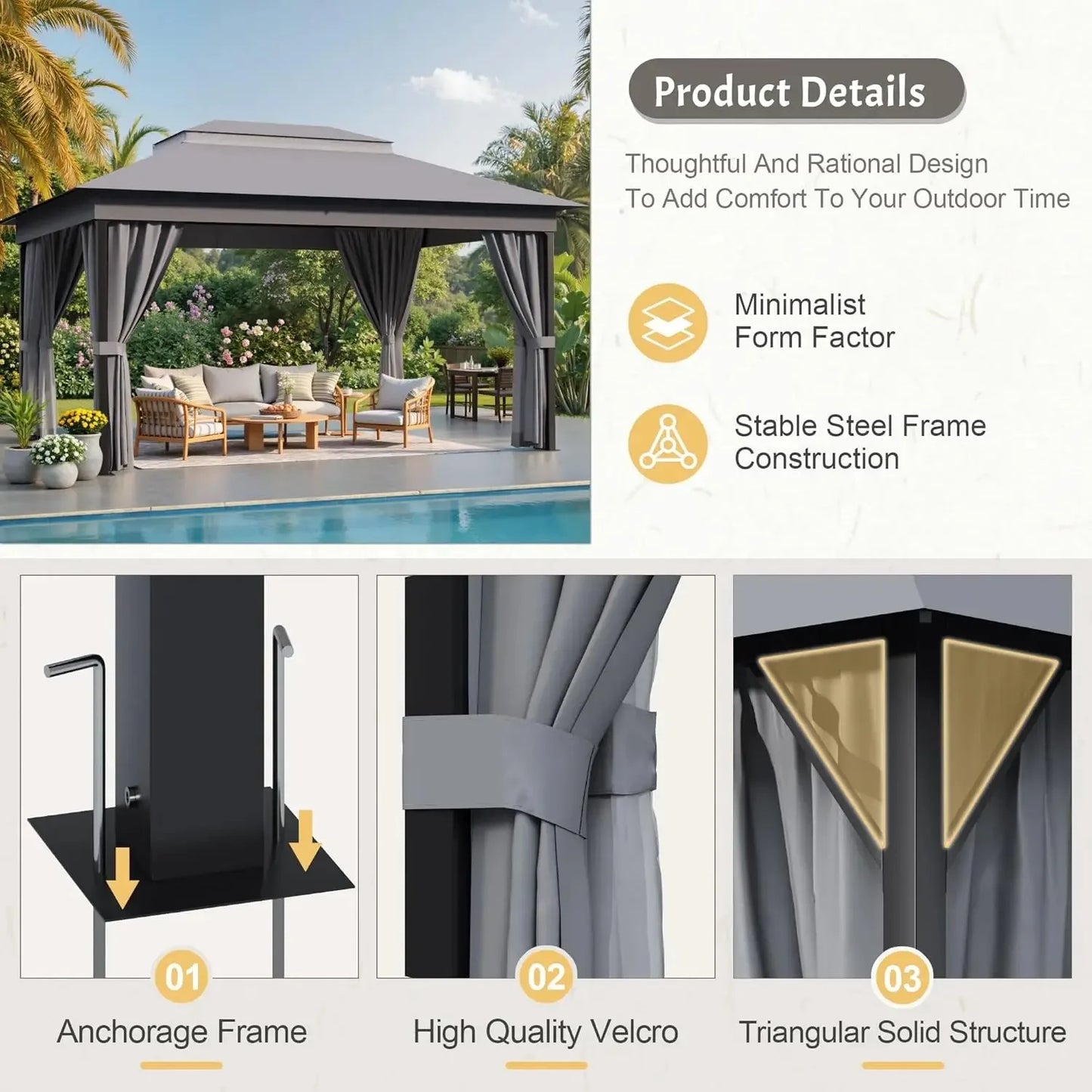Outdoor Gazebo With Heavy Duty Steel Frame And Mosquito Net