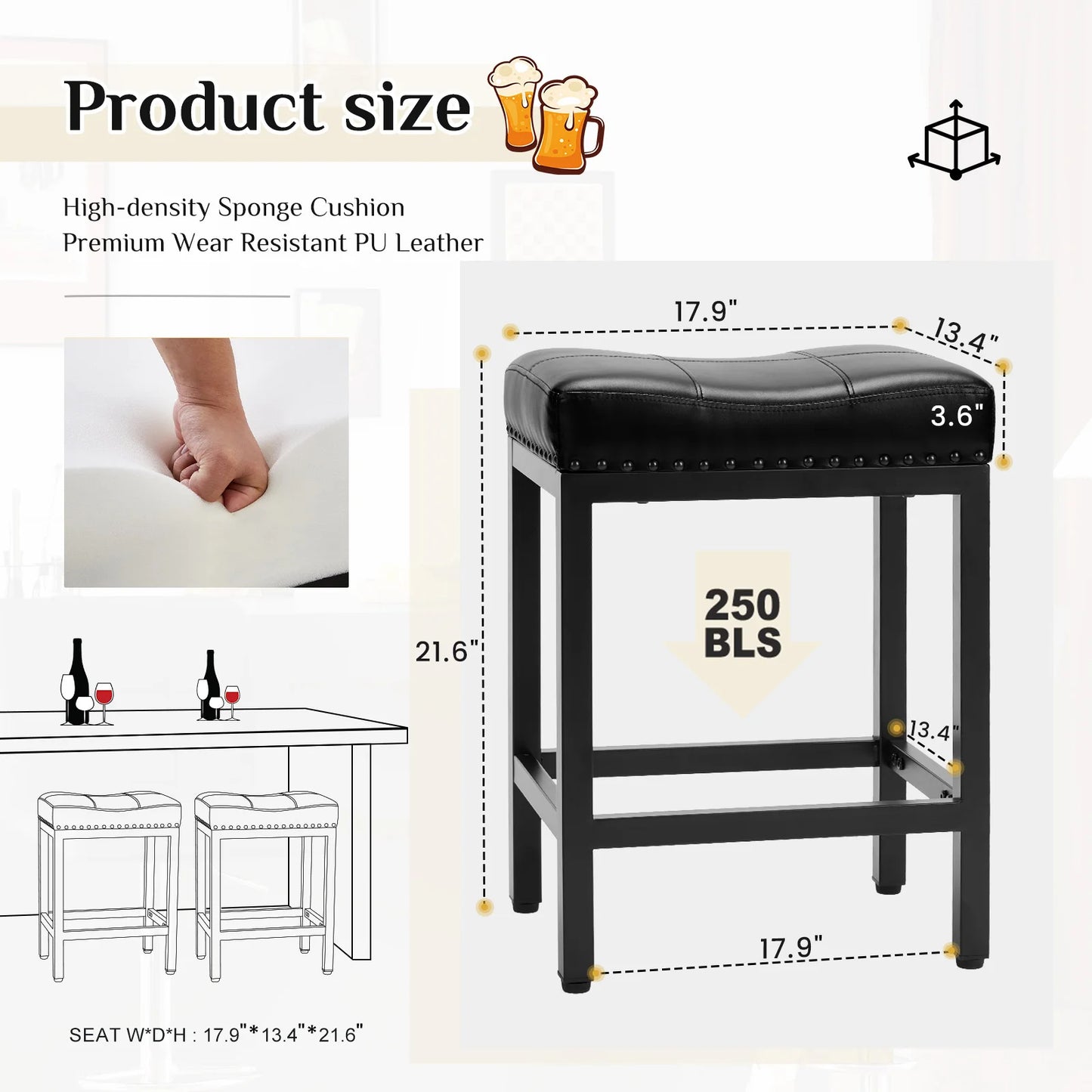 JHK Saddle Style PU Leather Bar Stools With Metal Base