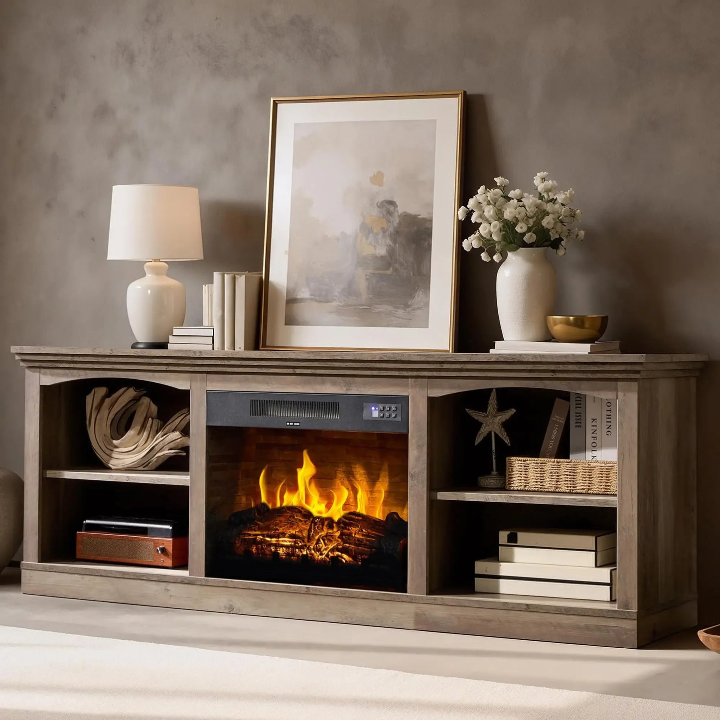 Amerlife Farmhouse TV Stand With Electric Fireplace