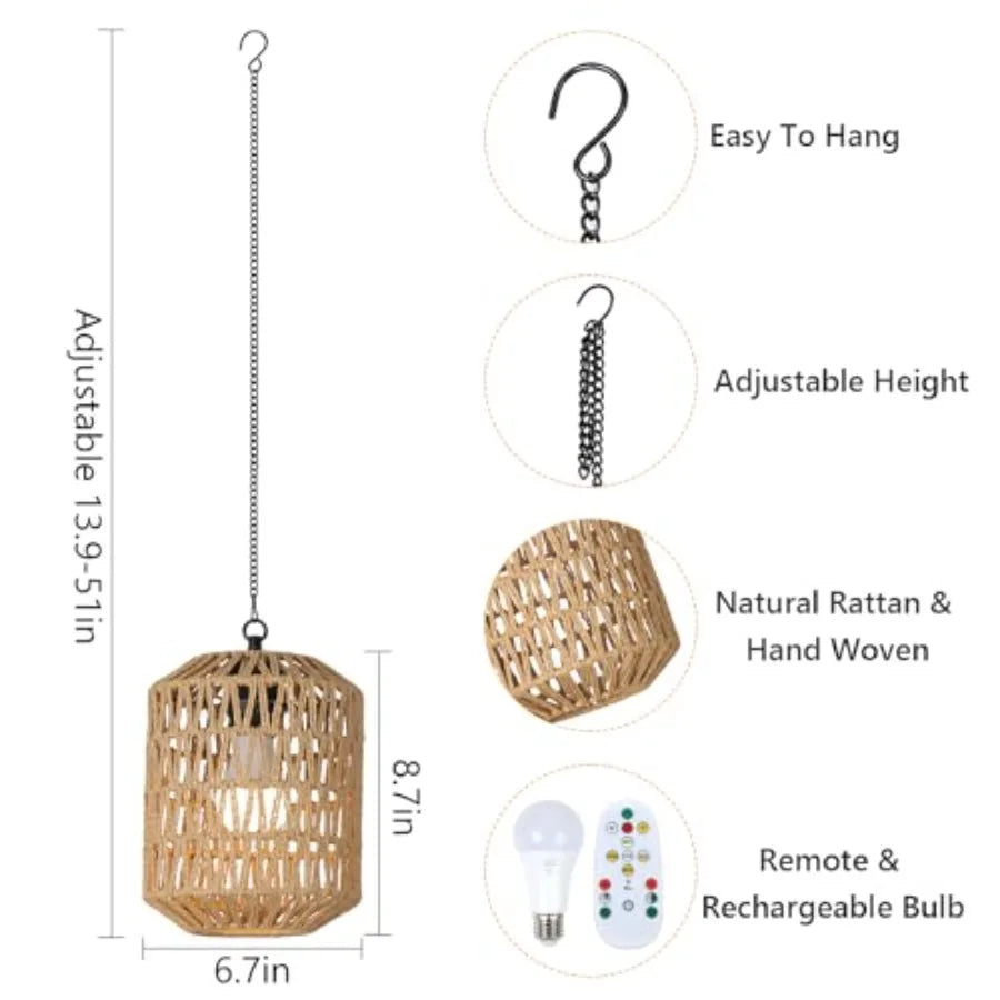 Battery Operated Boho Rattan Chandelier Cord Pendant Light With Remote