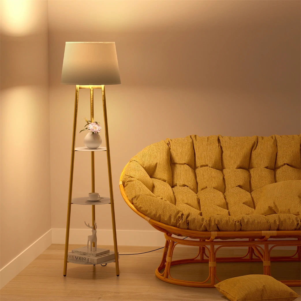 Modern Tripod Floor Lamp With Integrated Storage Shelf And Bulbs