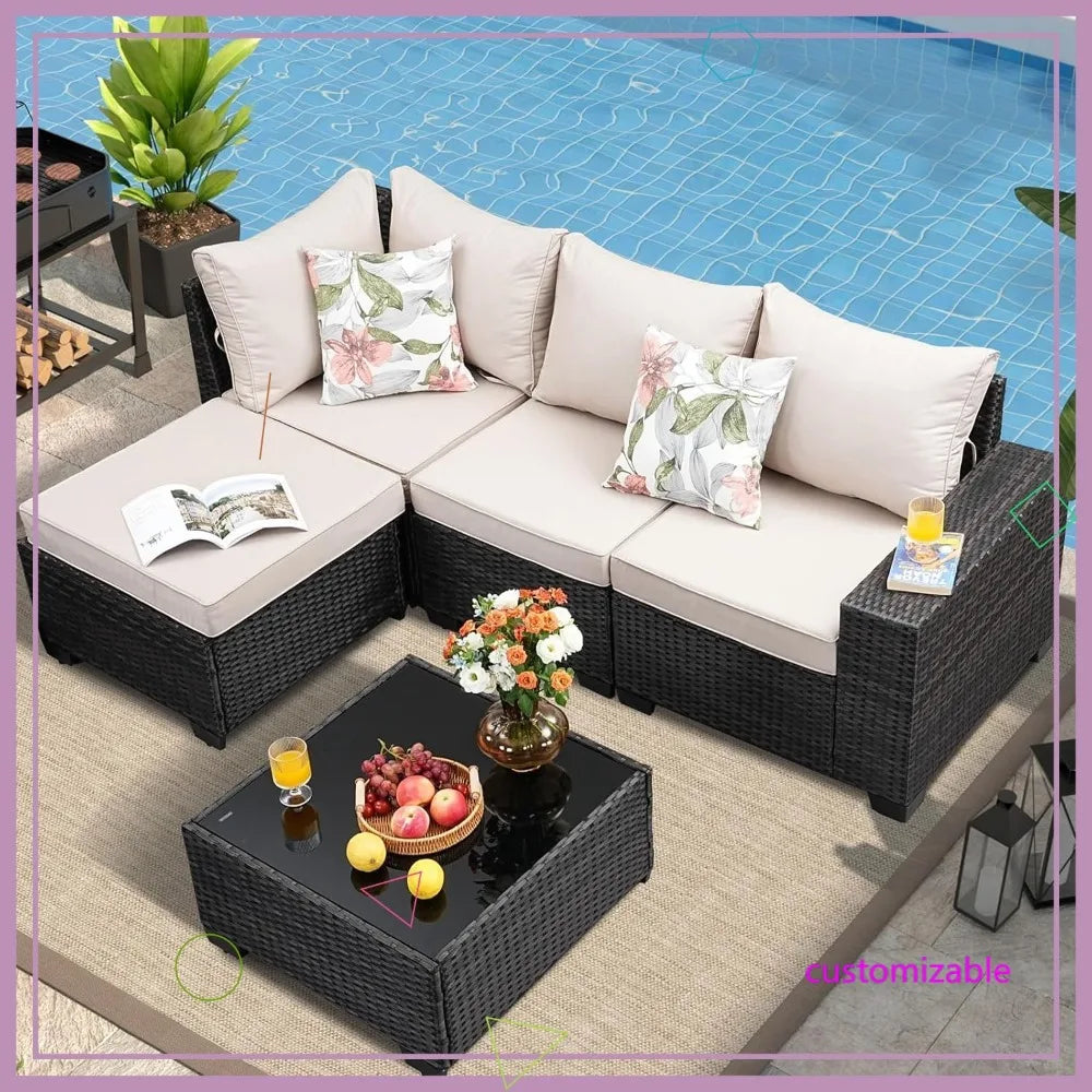 Outdoor 5-Piece Patio Furniture Set With Wicker Sofa Glass Table