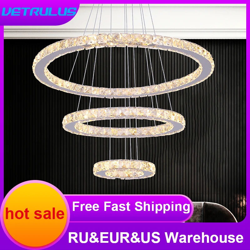 VETRULUS Modern Pendant Light With K9 Crystal Chandelier LED Ceiling Lamp