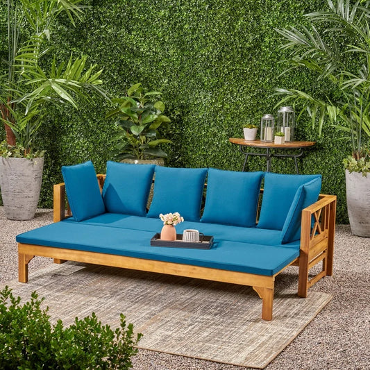 Extendable Acacia Wood Outdoor Patio Sofa With Cushions Daybed Garden Lounge