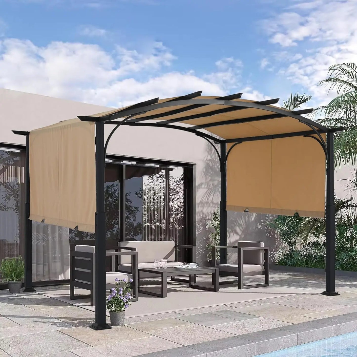 Outdoor Retractable Pergola With Sun Shade Canopy For Patio Garden
