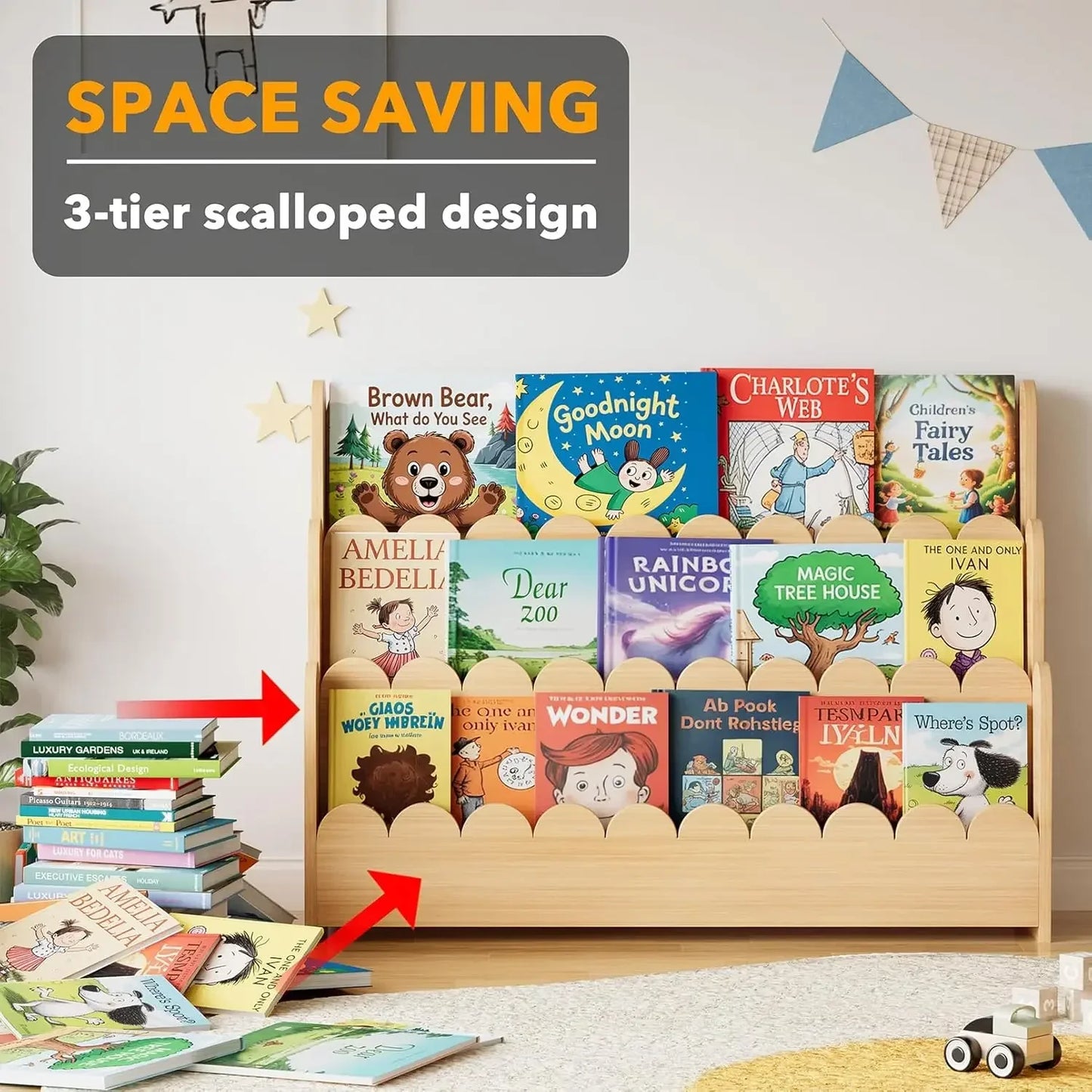 3-Tier Scalloped Bookshelf Montessori Wooden Bookcase for Toddlers Playroom